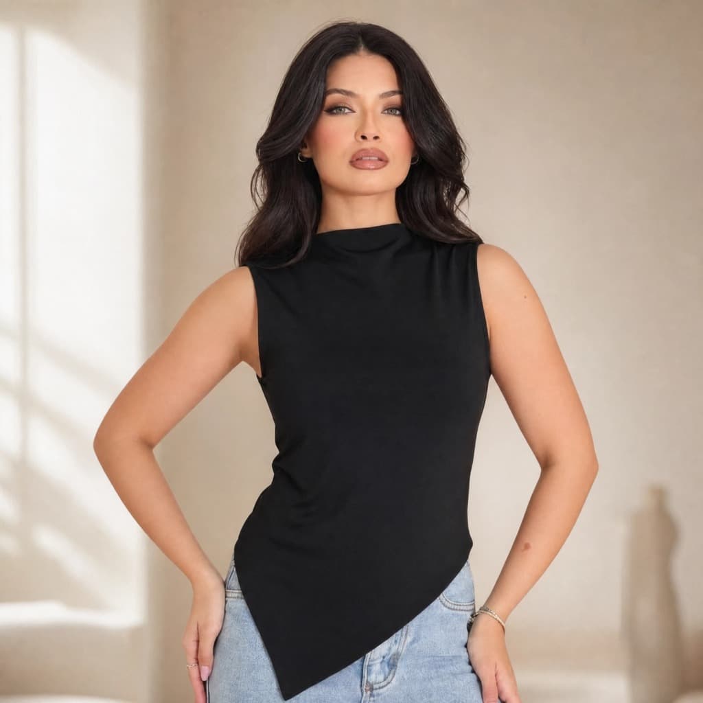 Blusa Feminina Assimétrica Gola Alta Elegante Social Casual Lisa com Costura Reforçada do P ao G