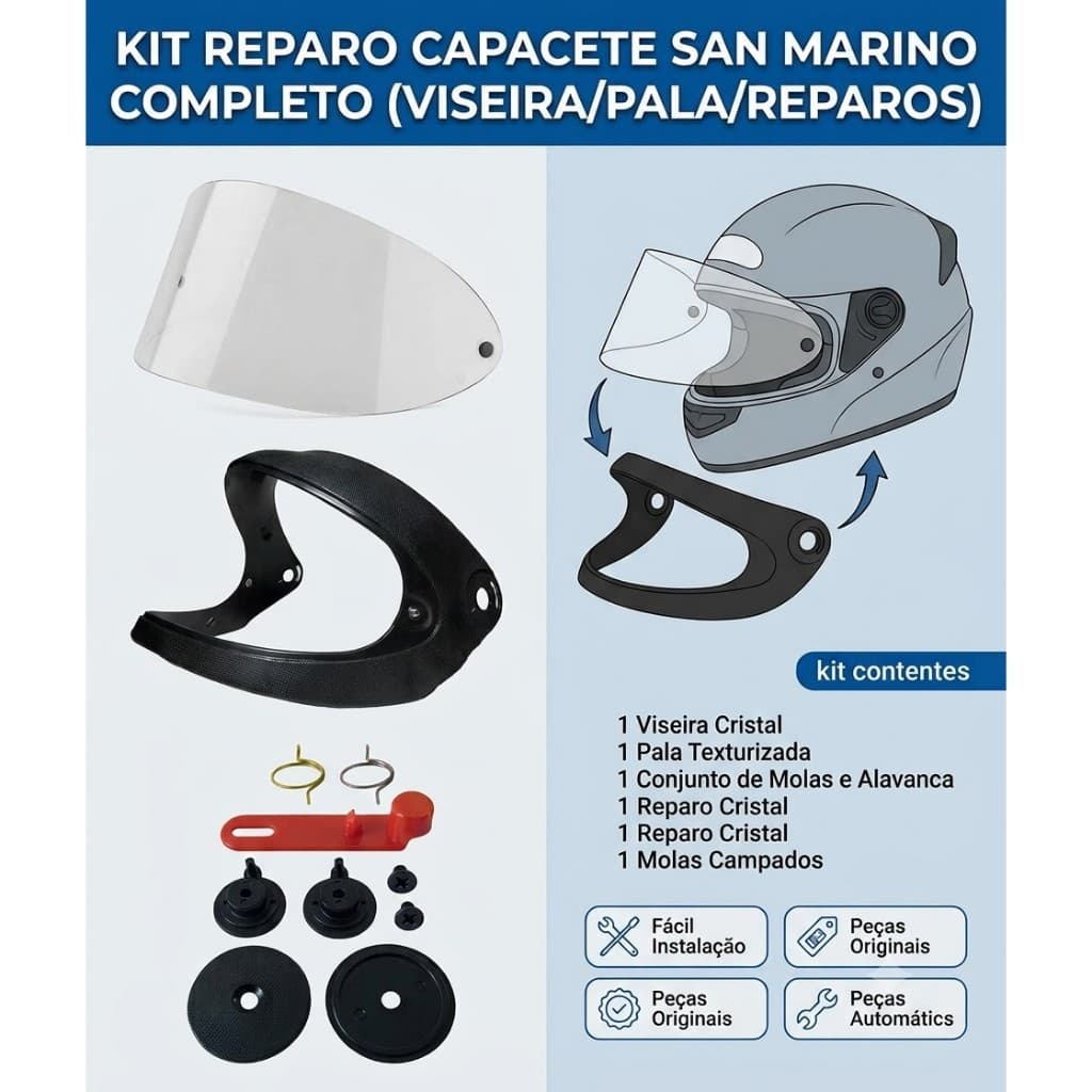 KIT REPARO CAPACETE SAN MARINO COMPLETO (VISEIRA/PALA/REPAROS)