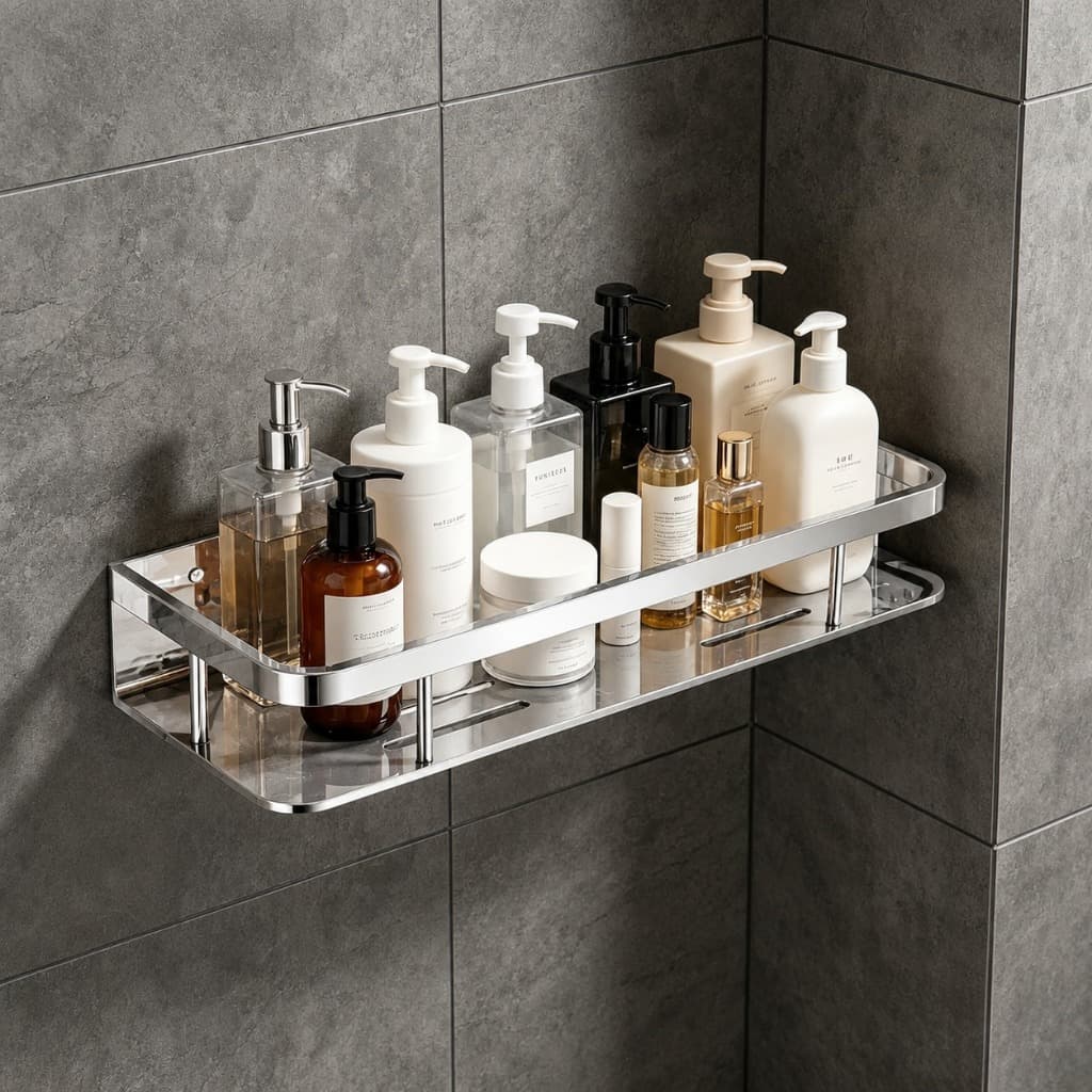 Porta Shampoo de Parede 39cm Aço Inox Prata Organizador para Banheiro Cola ou Parafuso