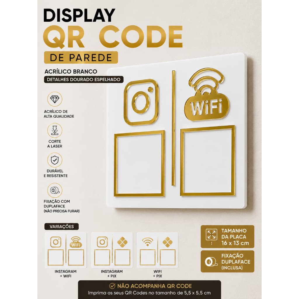 Placa QR Code Acrílico WiFi Pix Instagram | 2 QR Codes Parede | Branco com Dourado 16x13cm