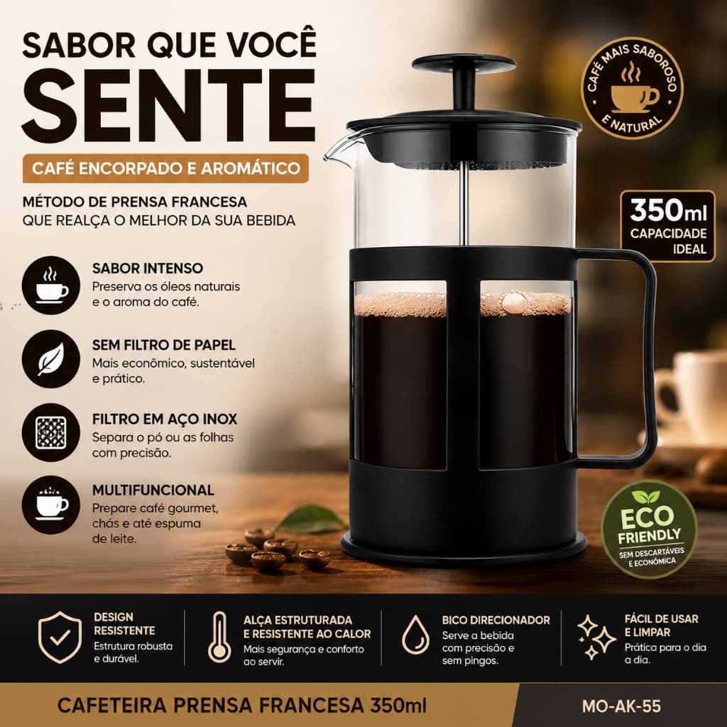 Cafeteira Prensa Francesa 350ml – Sabor Intenso e Praticidade - MO-AK-55