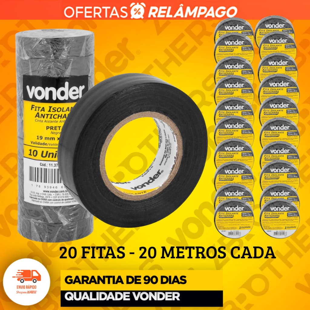 20 Fitas Isolante Anti Chama Vonder Preta - 20 Metros cada Fita Vonder Original + Nota Fiscal Oferta