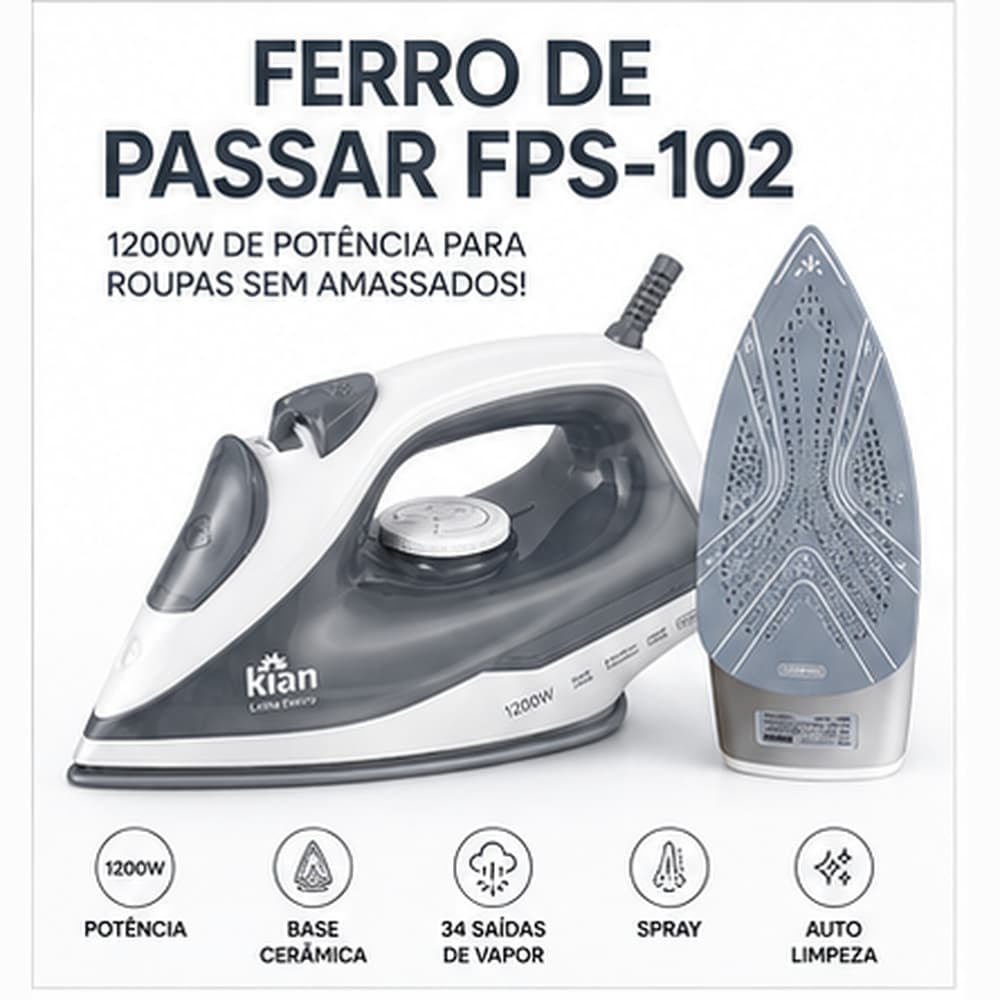 Ferro De Passar Roupa Vapor Spray Cerâmica 1200W Autolimpante FPS-102 127V 220V