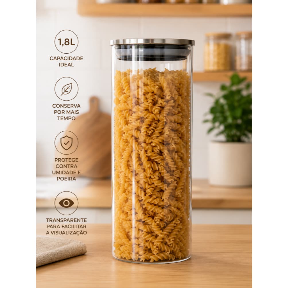 Kit 1 2 3 Pote De Vidro Com Tampa Inox 1,8L Organizador Mantimentos Café Açúcar Cozinha Lavanderia