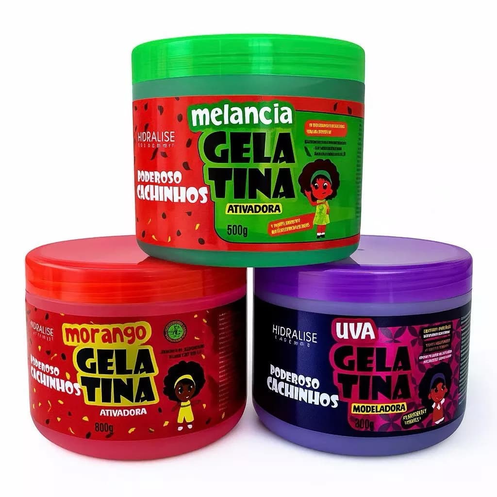 Gelatina Ativadora Kids 500g Poderosos Cachinhos Melancia Morang Uva Hidratação Hidralise