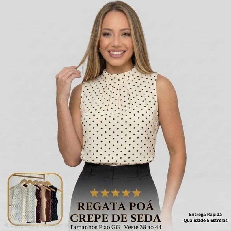 Blusa Regata Feminina Gola Alta Crepe De Seda Poá Social Premium Moda Evangélica Executiva Elegante Bolinhas Sem Manga