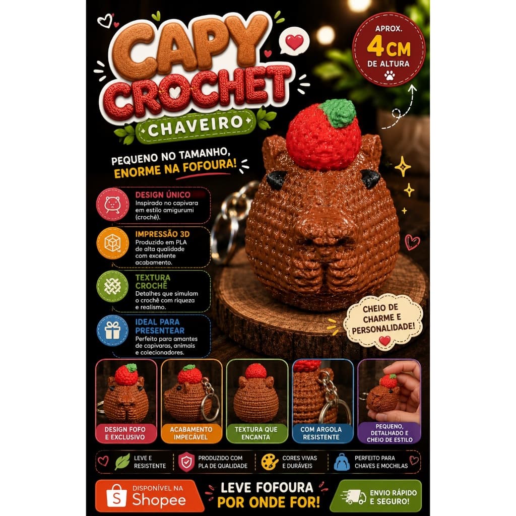 Chaveiro Capy Crochet Capivara Amigurumi 4cm Impressão 3D PLA