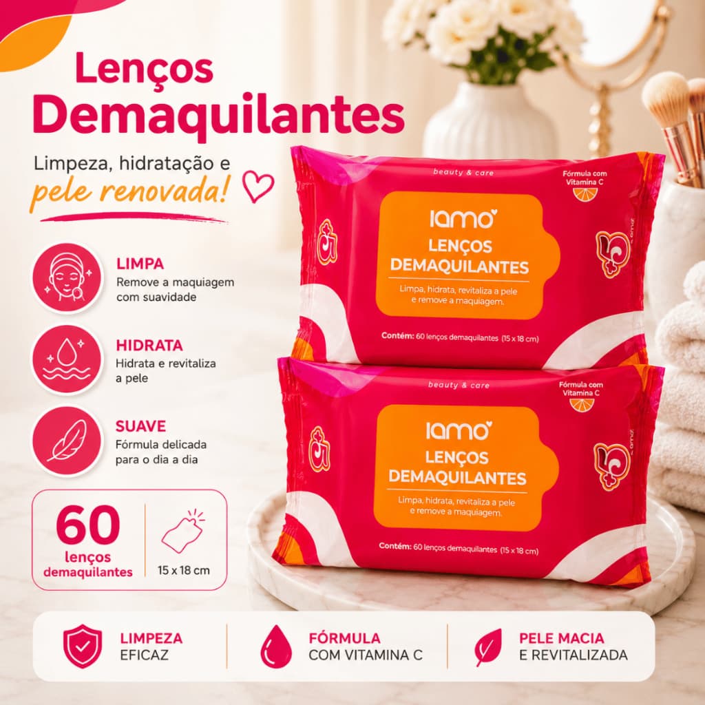 Lenço Demaquilante Facial 30 Unidades para Limpeza da Pele e Remoção de Maquiagem Kit 2 Pacotes