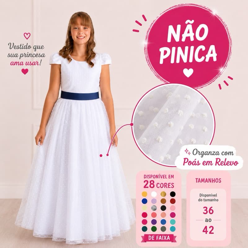 Vestido Longo Branco Tule Pipoquinha com 25 cores de faixa e laço  pp 36 a g 42 Juvenil ref4140