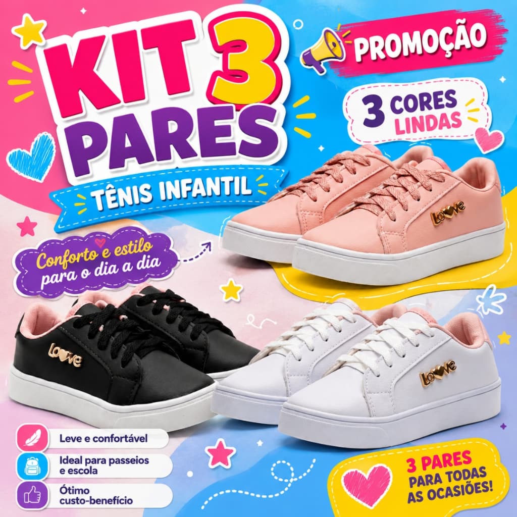 TENIS KIT 3 PARES TENIS INFANTIL FEMININO PROMOÇAO   Imperdível! Tamanhos do 25 AO 32