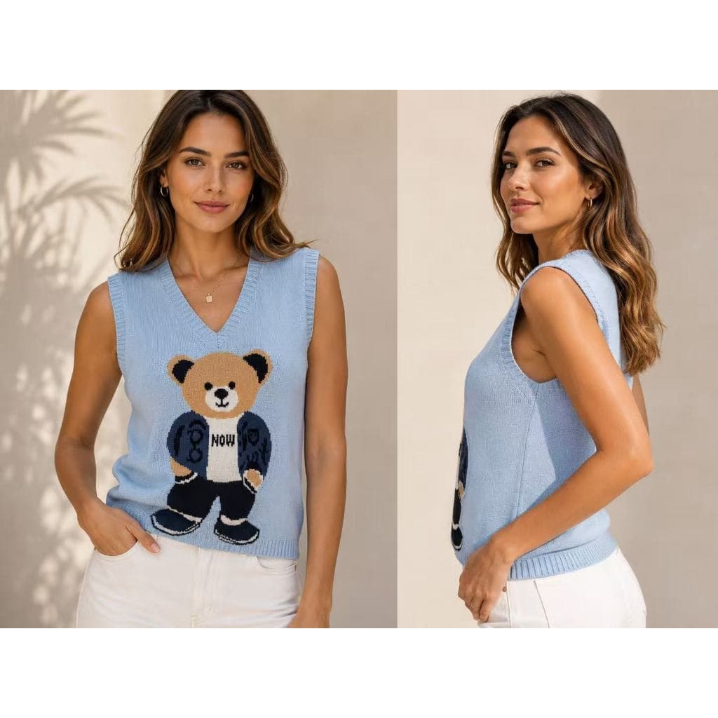 Colete Feminino de Tricô Modal Gola V com Estampa de Ursinho – Blusa Sem Mangas Casual, Macia e Confortável