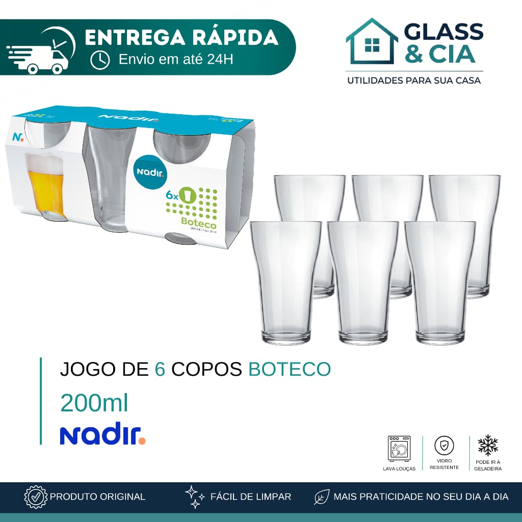 Jogo De Copos De Vidro Com 6 peças 200ml - Boteco Nadir Figueiredo