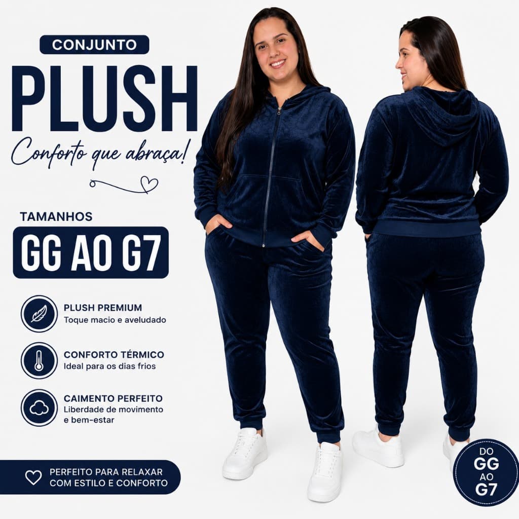 Conjunto Feminino Plus Size de Blusa e Calça de Veludo Felpudo Plush Tendência 2026 - do GG ao G7