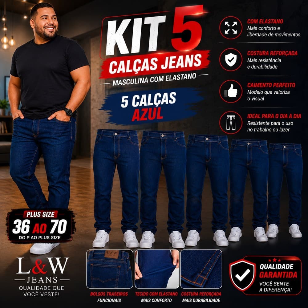 Kit 5 Calças Jeans Masculinas Elastano Tradicional Trabalho Azul e Preta Melhor Custo Benefício