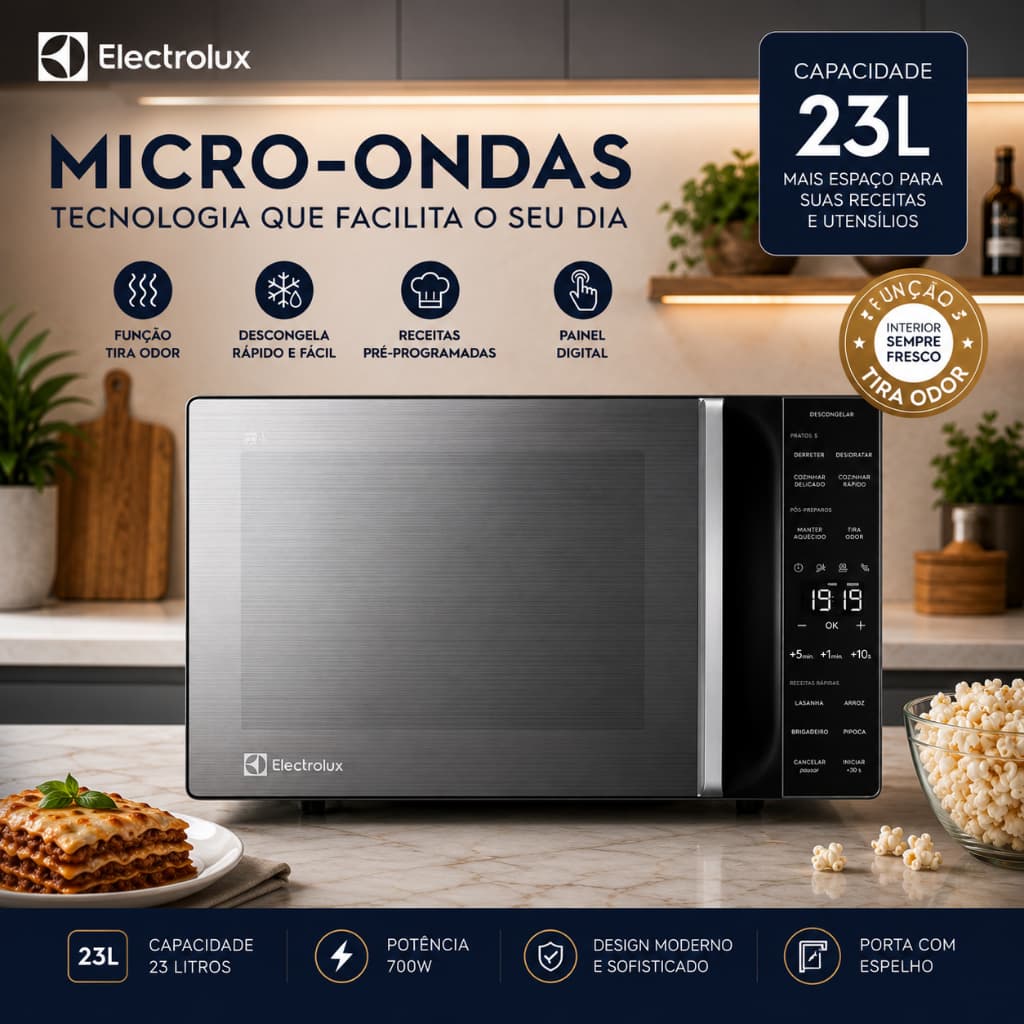Micro-ondas Electrolux 23L ME23S Inox Efficient Descongelamento Assistido Painel Digital Original