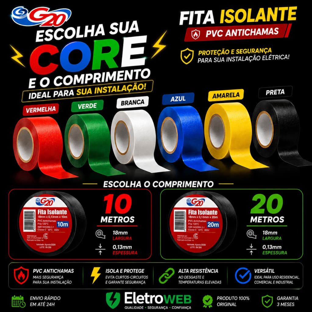Fita Isolante G20 10m ou 20m | Branca Preta Azul Verde Amarela Vermelha