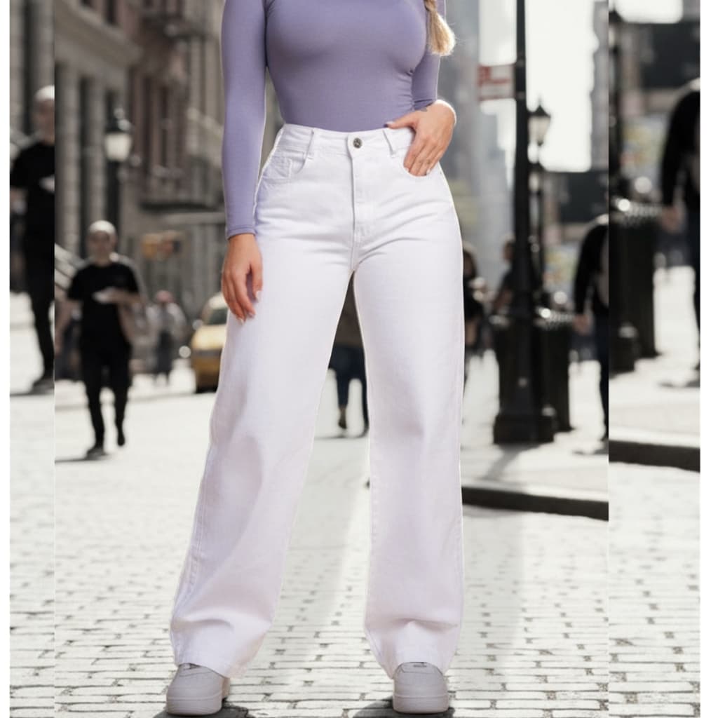 Calça Wide Leg Feminina Jeans Premium Com Bolsos Branca