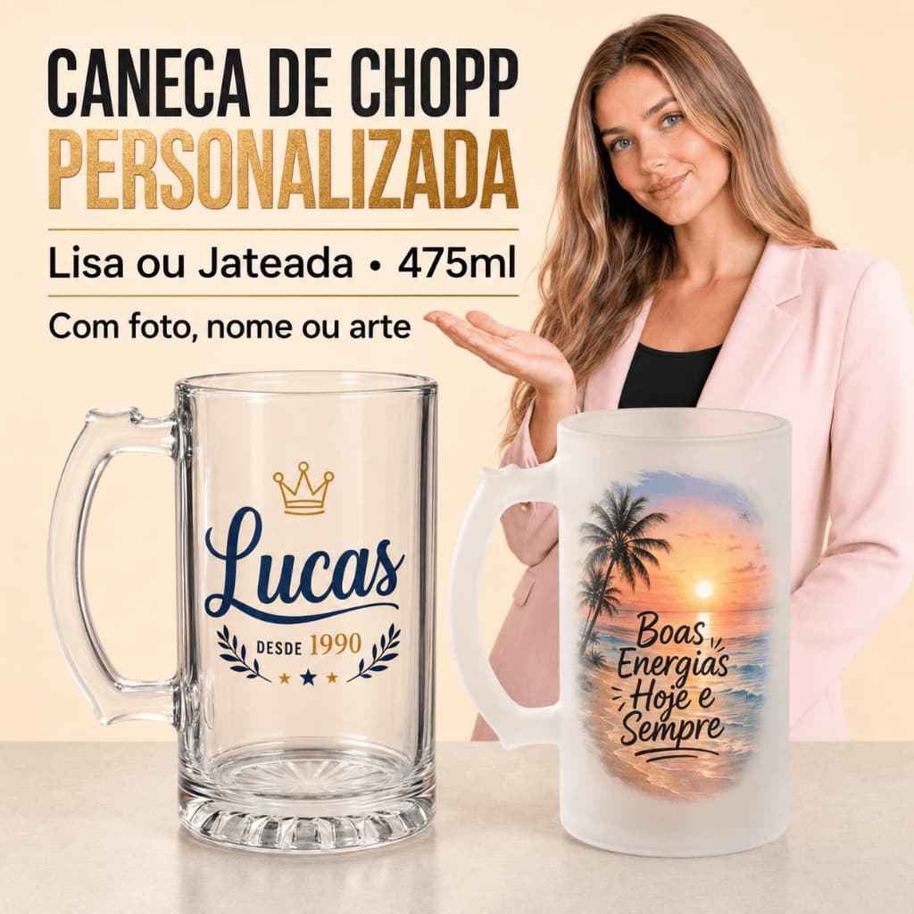 Caneca de Chopp Vidro Personalizada 475ml Foto Nome para Presente