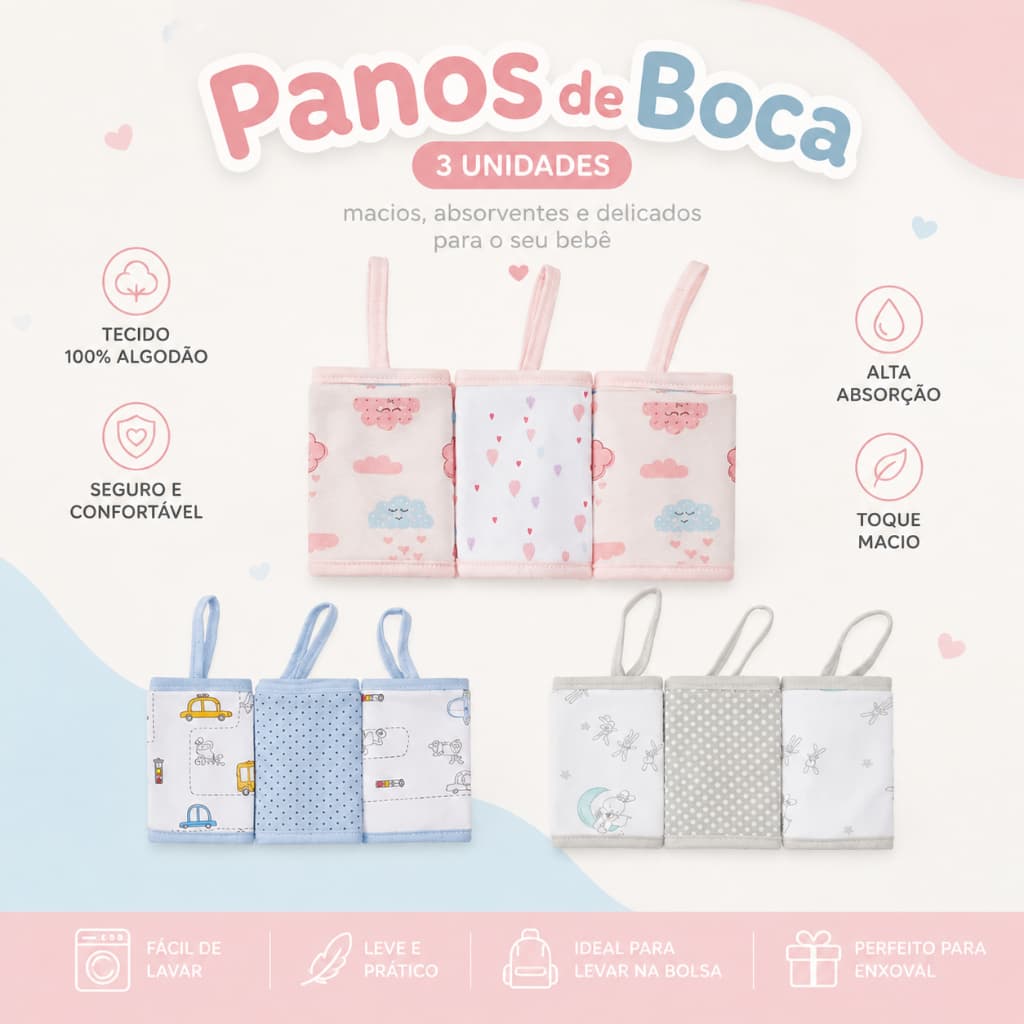 PANINHO DE BOCA BEBÊ COM PRENDEDOR DE CHUPETA - BABETE ESTAMPADO PAPI MALHAS KIT C/ 3 UN - PAPI