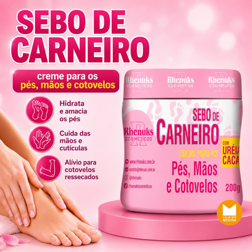 CREME SEBO DE CARNEIRO COM URÉIA E CACAU | Mãos, Pés, Cotovelos - RHENUKS >>