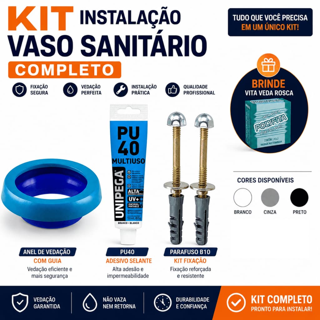 Kit Instalação Vaso Sanitário Completo Anel de Vedação com Guia PU40 Parafuso B10