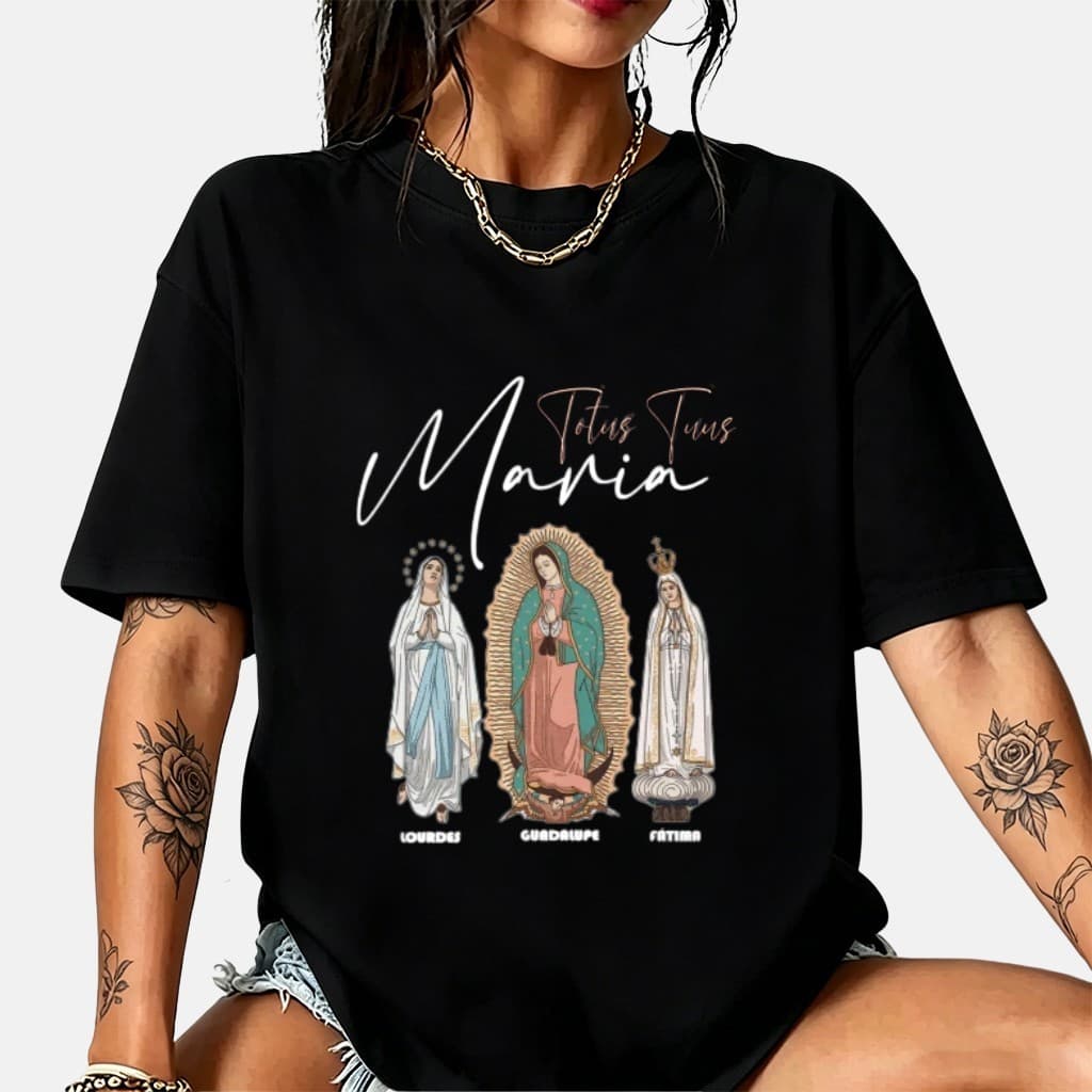 [Envio Rápido]Camiseta Feminina 100% Algodão Maria Totus Tuus Estampa Sagrada Lourdes Guadalupe Fátima Plus Size