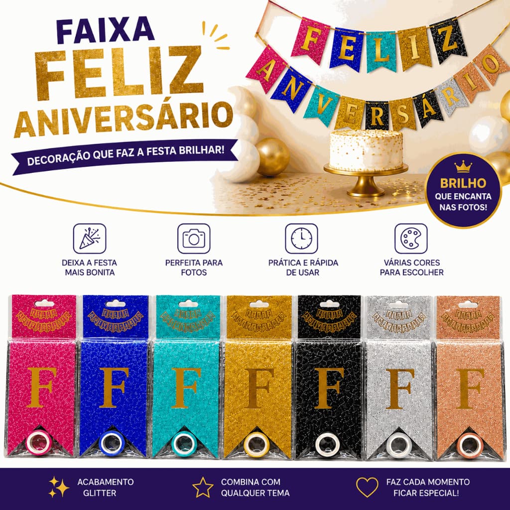 Varal Festa Letras Faixa Feliz Aniversário Glitter Bandeirola Decoração Mesa Do Bolo Painel Parede