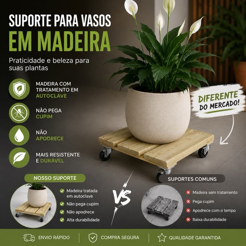 Garden Kit 2 Suportes com Rodinhas Vaso, Botijão de Gás, Galão e Baldes 30x30 Madeira Natural Autoclave Multiuso até 80k