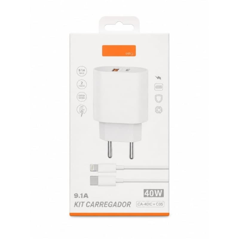 Carregador iPhone Super Turbo Fonte 40W 2 Entradas USB-C + Cabo USB-Lightning Ultra Rápido.