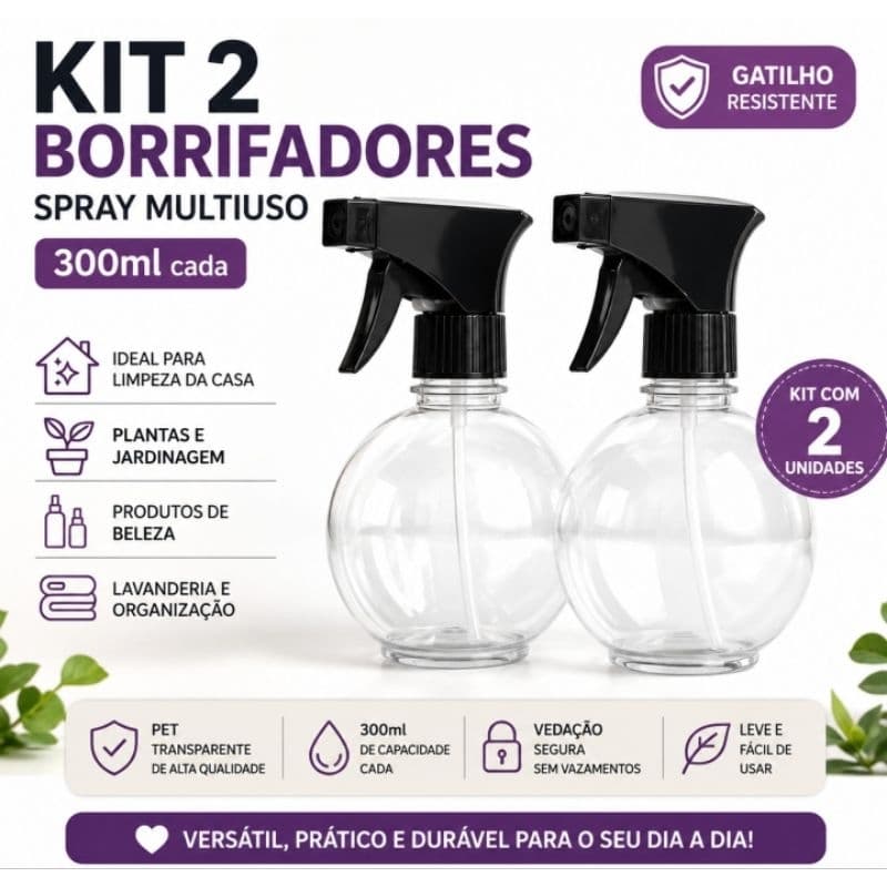 Kit 2 Borrifador Spray Pulverizador PET 300ml Multiuso Transparente Gatilho Preto Uso Doméstico Pessoal e Profissional