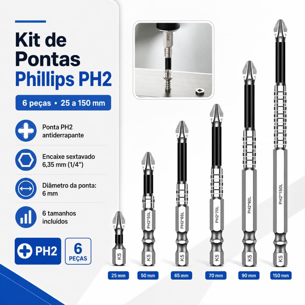 Conjunto 6 Ponteiras PH2 Longas e Curtas Encaixe Sextavado 6,35 mm para Parafusadeira