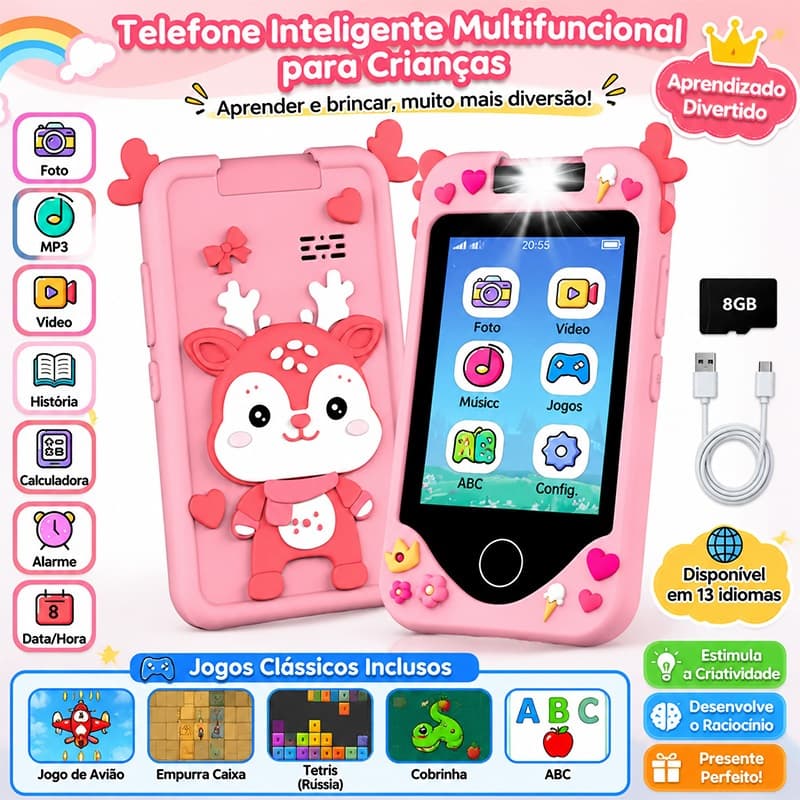 Celular Infantil de Brinquedo para Crianças com Câmera + Cartão de Memória 8GB Telefone Educativo