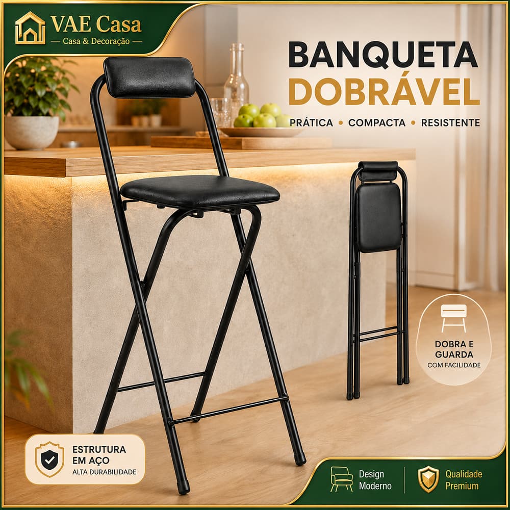 Banqueta Alta Dobrável Altura 65cm, Assento E Encosto Estofados Pretos, Estrutura Metálica Preta, Modelo Compacto Para