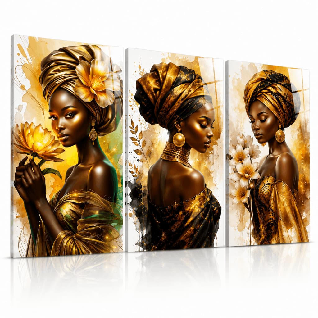 Kit 3 Quadros Decorativos Mulher Africana Dourado Luxo Arte Moderna Decoração Sala Quarto