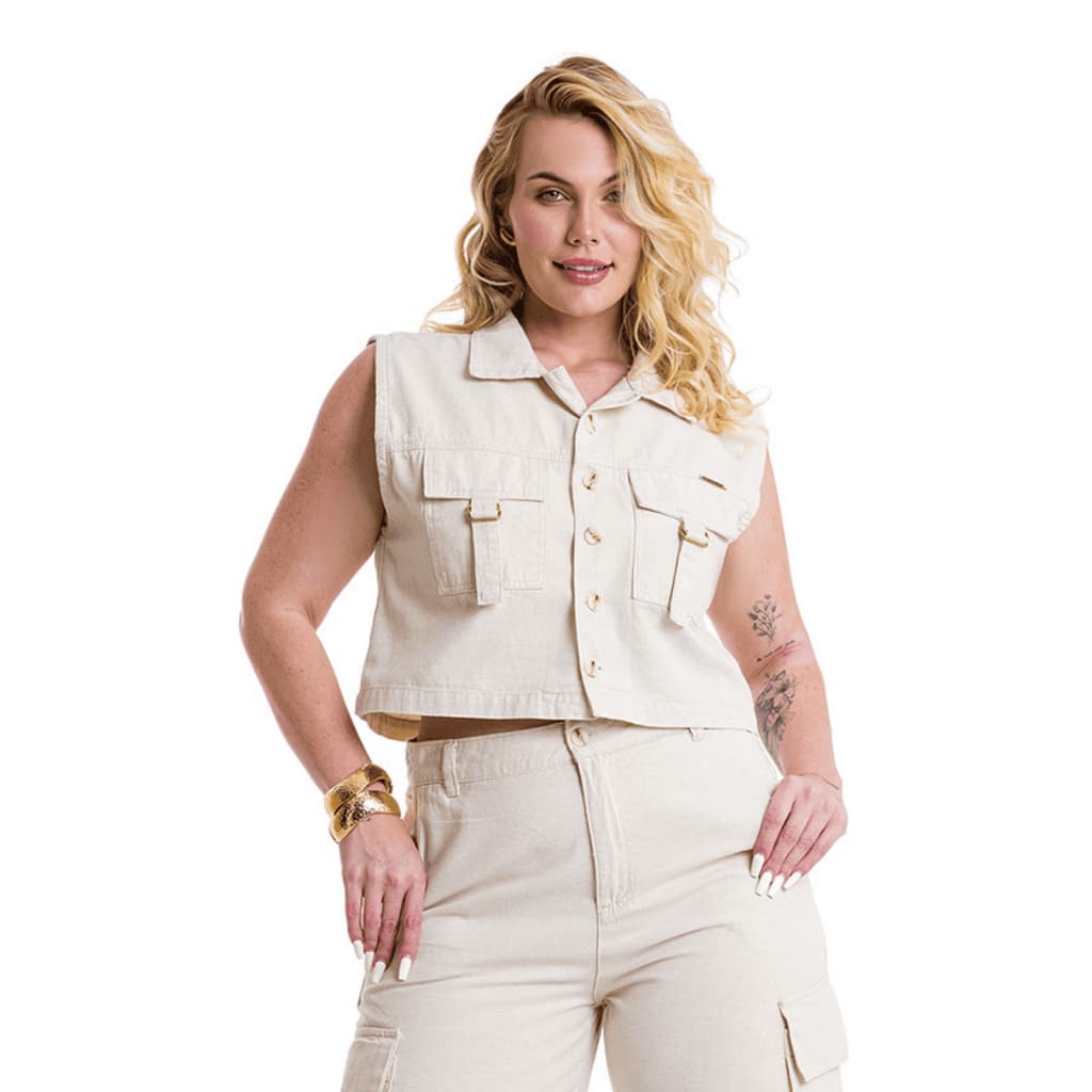 Colete Feminino De Linho Moda Plus Size Com Bolsos Cargo Social Estiloso