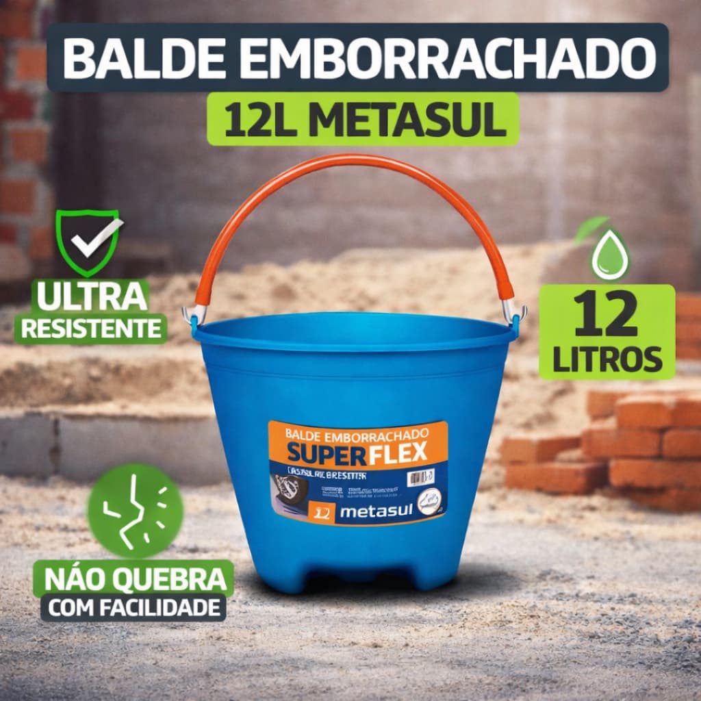 BALDE EMBORRACHADO SUPERFLEX 12L METASUL ULTRA RESISTENTE FLEXÍVEL PARA OBRA LIMPEZA E USO GERAL