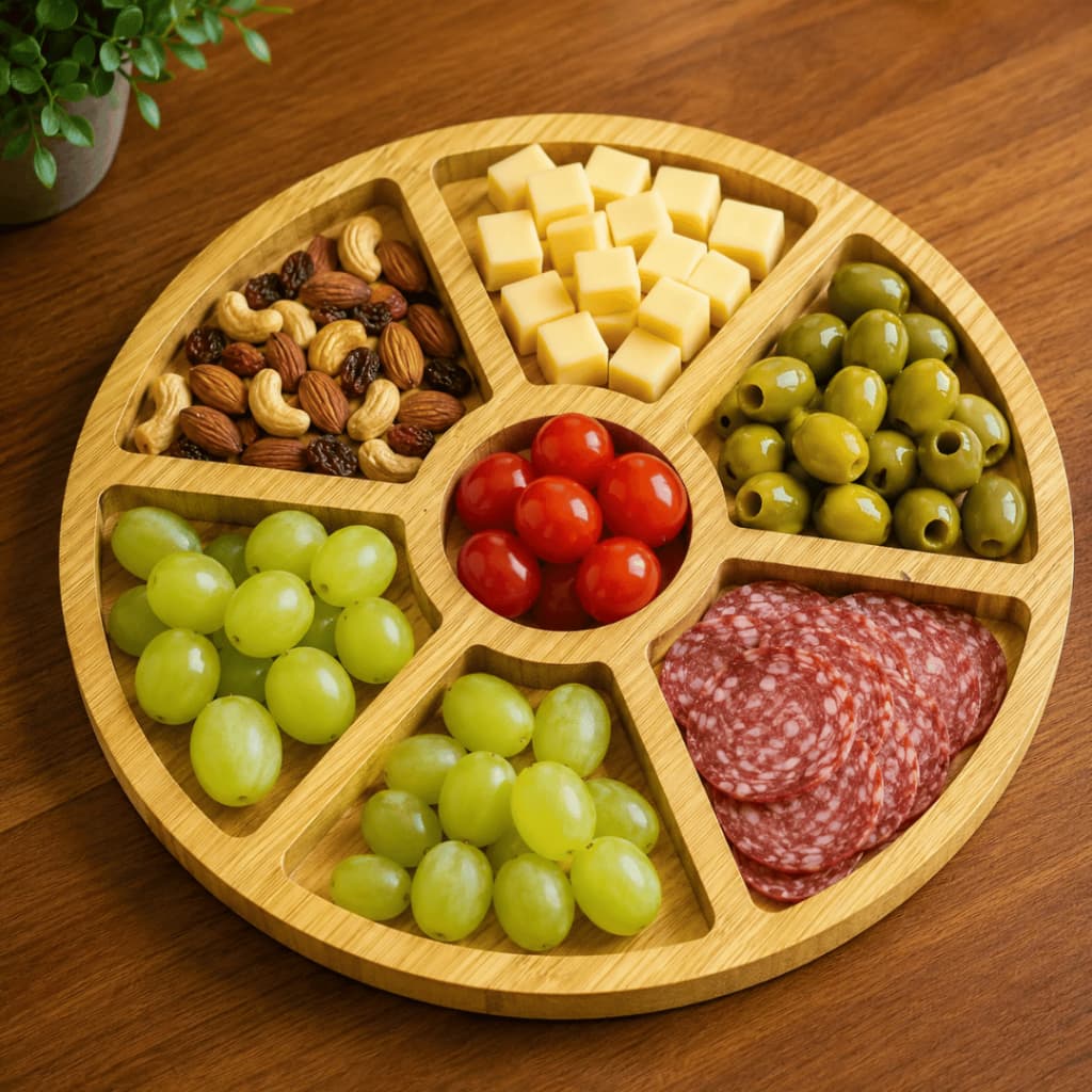Tábua para Petiscos Multiuso Bambu 29cm RODA com 7 DIVISÓRIAS para Frios Gamela Churrasco Amendoim Gamela