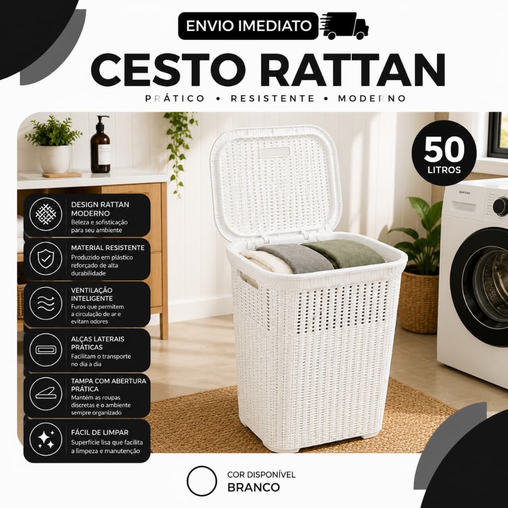 Cesto Rattan 50 Litros Branco Organizador de Roupas com Tampa Moderno