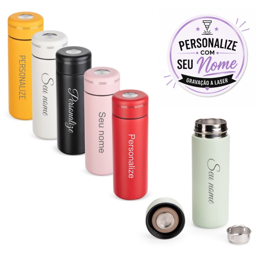 Garrafa Térmica 300ml Personalizada com Nome | Inox 316 | Gravação a Laser | Infusor