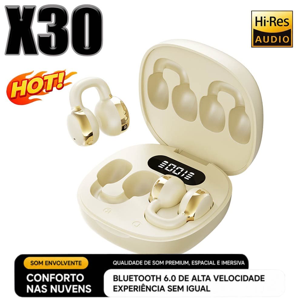 Fone Bluetooth Clip Ouvido Ergonômico Áudio Espacial Redução Ruído IA Display LED Uso Confortável