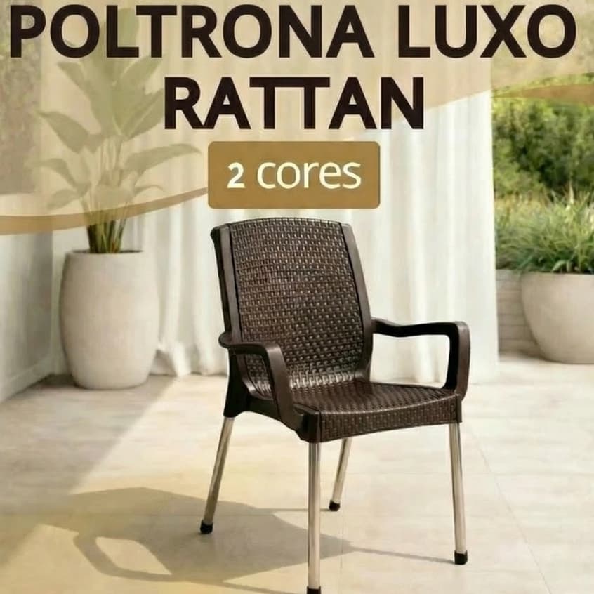 Poltrona Reforçada Rattan Luxo com Braço UV Empilhável 160kg Aço Cromado Qualquer Ambiente