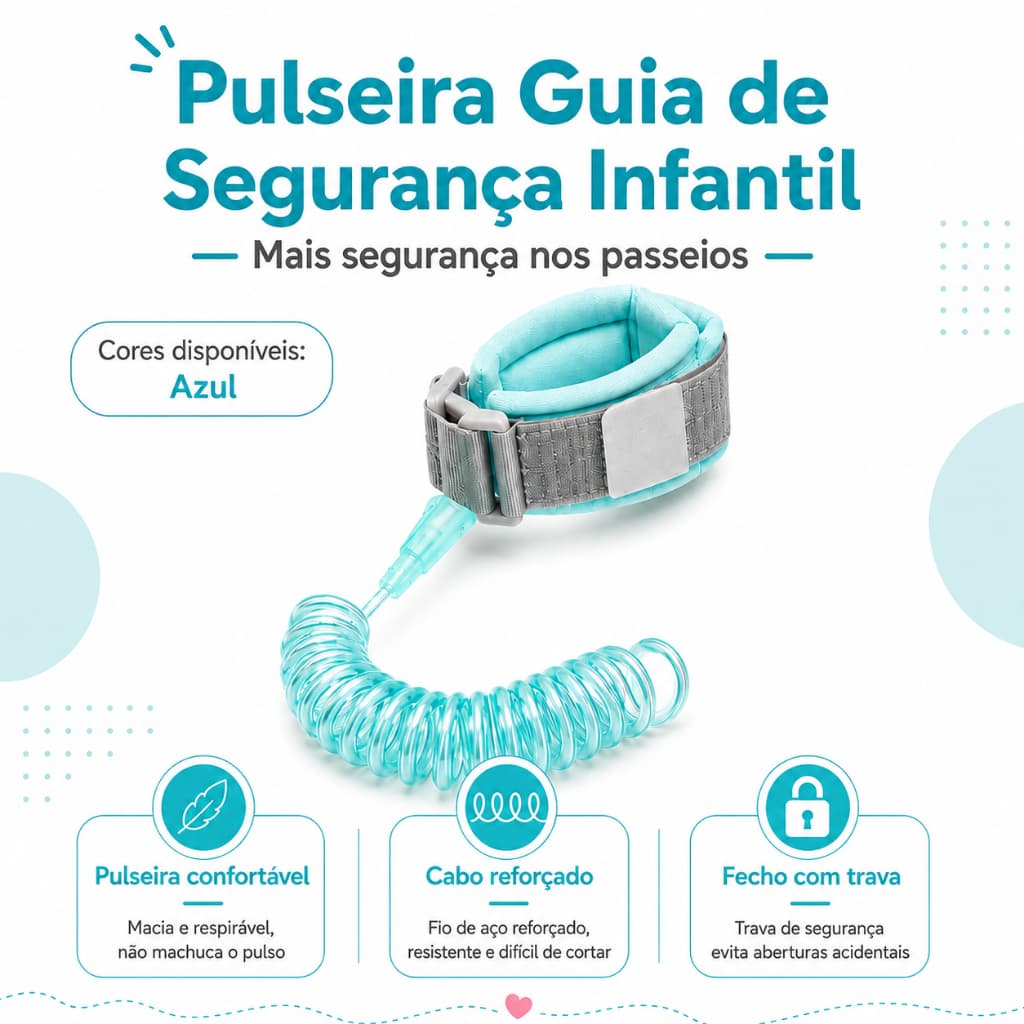Pulseira Guia Infantil Azul com Trava e Cabo de 1,5 m