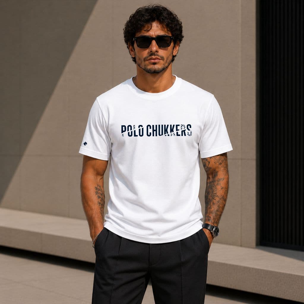 Camiseta camisa masculina manga curta Polo Chukkers estampada 100% Algodão Premium BRANCO POLO
