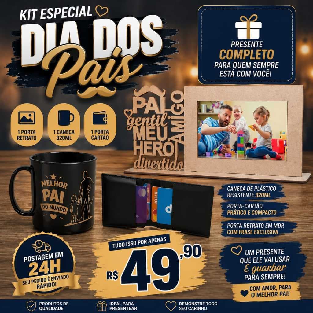 🎁 Kit Dia dos Pais Presente Completo Porta Retrato MDF + Caneca Plástica 320ml + Porta Cartão Preto🎁