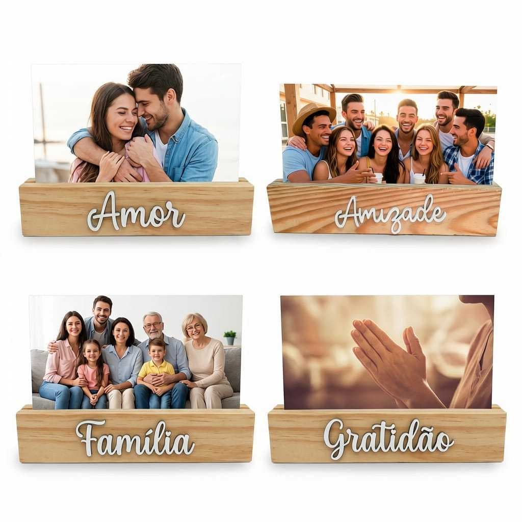 Porta Retrato Decorativo Letreiro Amor Família Amizade Gratidão Foto 10x15 Valor 1 unidade Acompanha acrílico
