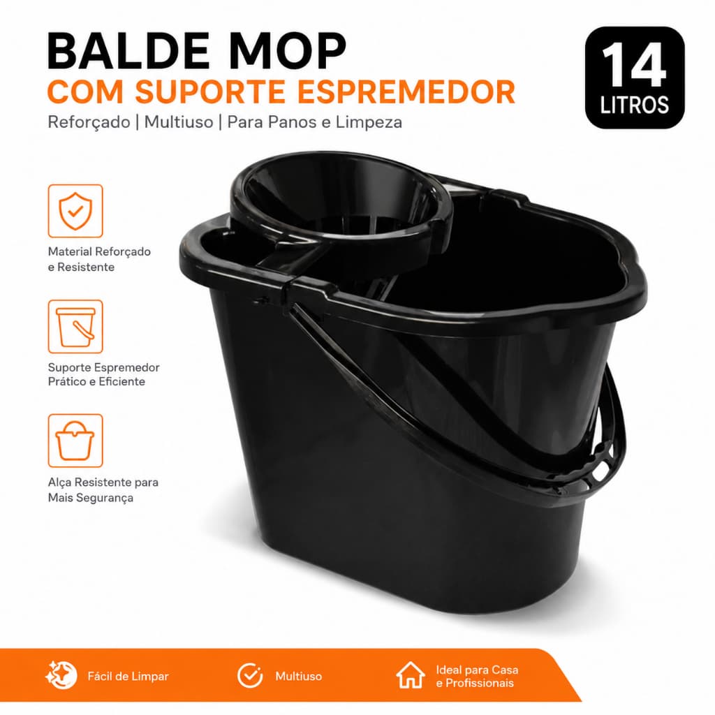 Balde Mop Com Suporte Espremedor Reforçado Multiuso Para Panos Limpeza 14 Litros Preto TOY 25723