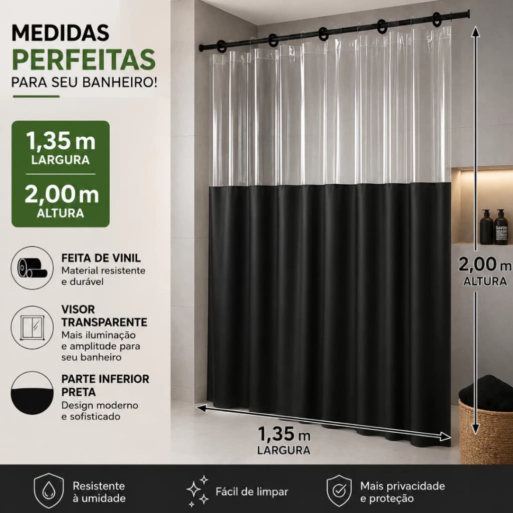 Cortina De Box e Banheiro Com visor Transparente E ilhós de Brinde Reforçado 1,35m X 2,00m ENVIO IMEDITO
