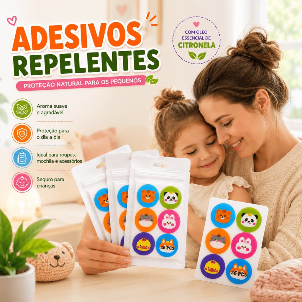 Kit 36/72/144 Adesivo Repelente Citronela Infantil Proteção Natural Anti Mosquito para Bebês e Crianças Não Tóxico