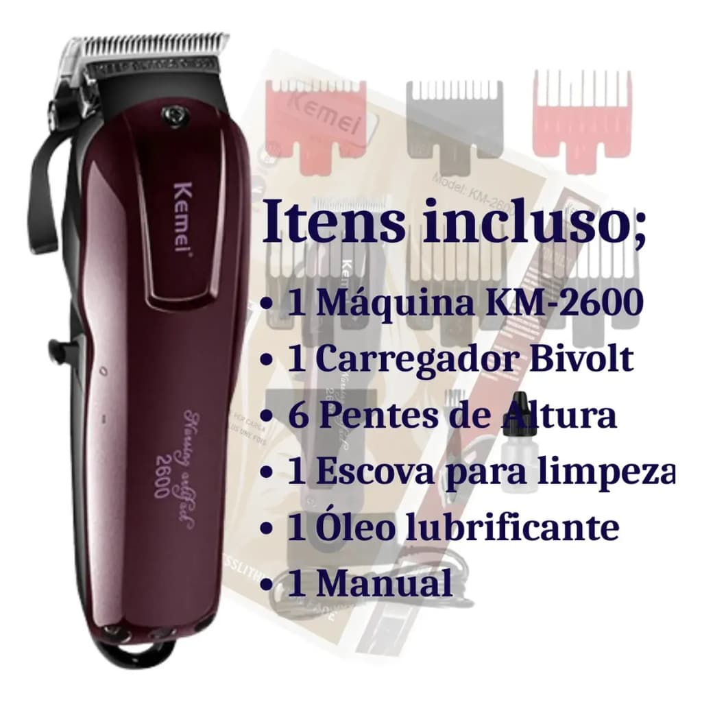 Máquina de Cortar Cabelo Kemei KM-2600-G 9W - Potente e Silenciosa com Lâmina de Aço Carbono