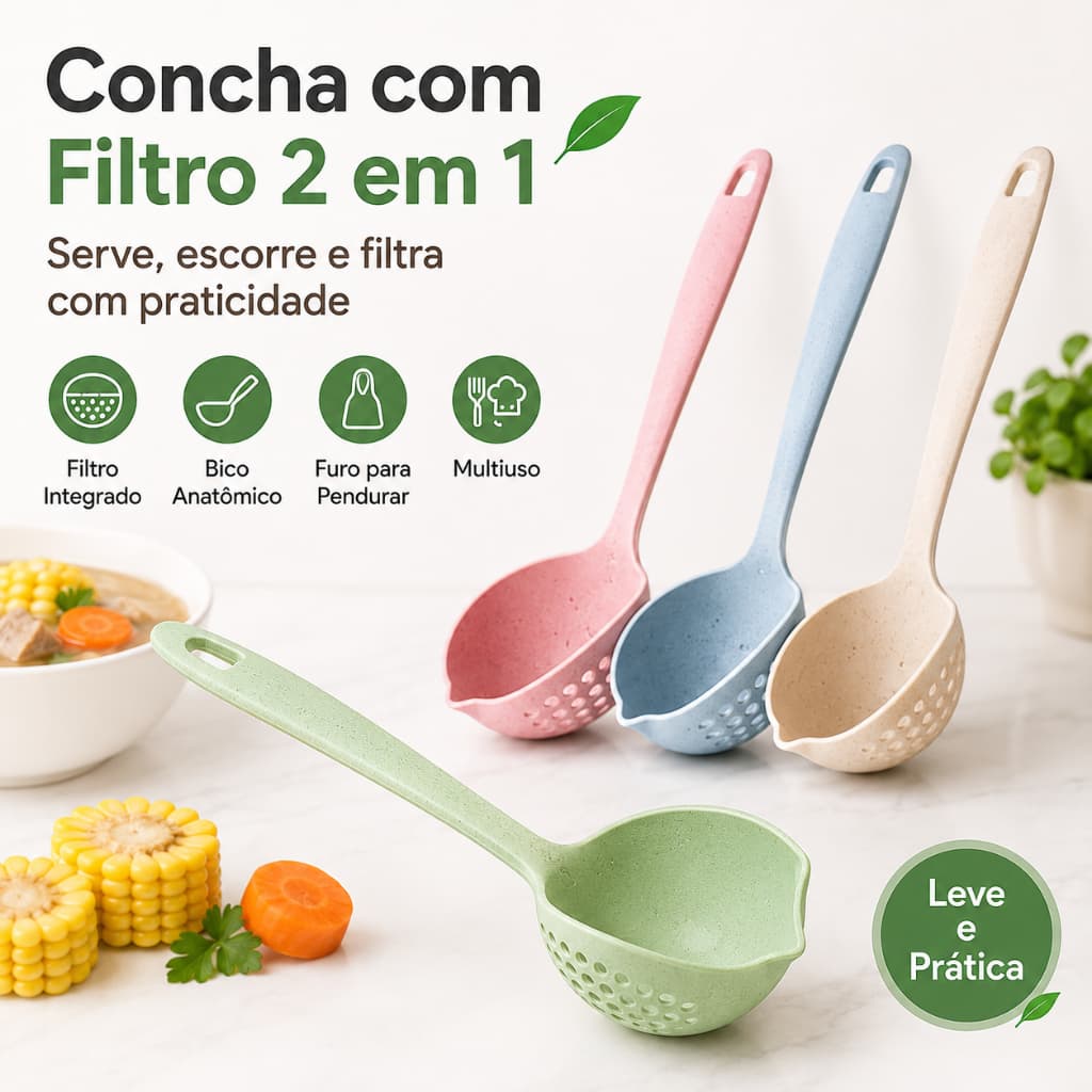 Concha com Filtro 2 em 1 para Sopa e Caldos, Escumadeira Escorredora Multiuso com Cabo para Pendurar